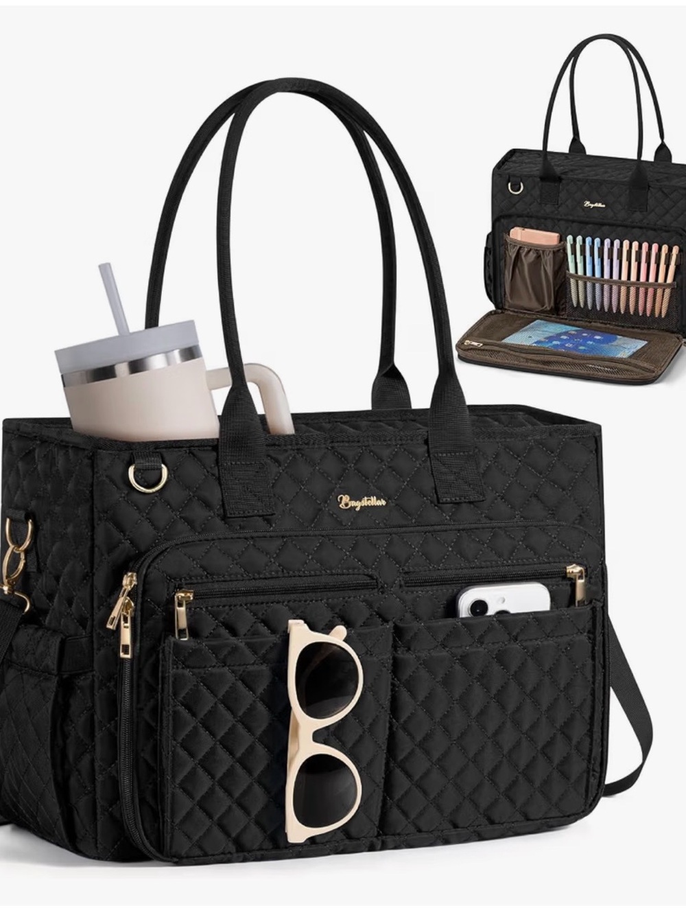 Zella Black Quilted Laptop Tote with Gold Hardware